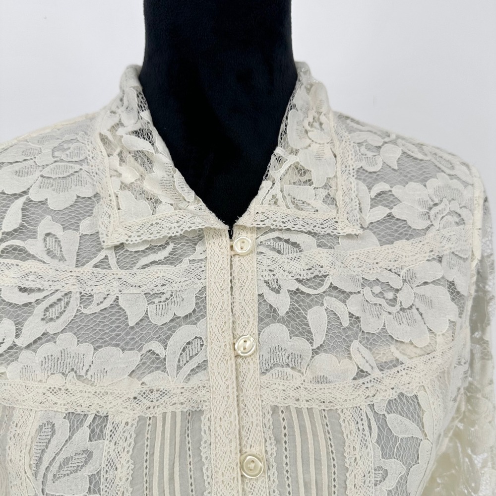 Coldwater Creek Ivory Lace Feminine Boho Button Up Blouse 3/4 Sleeve Women's M - Picture 2 of 6